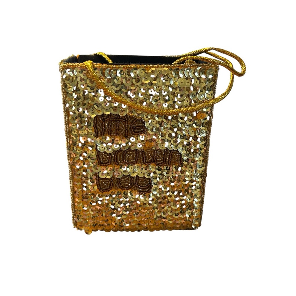 VTG Bloomingdale's Little Brown Bag Tote Bag Gold Sequins Brown Beads READ Decor